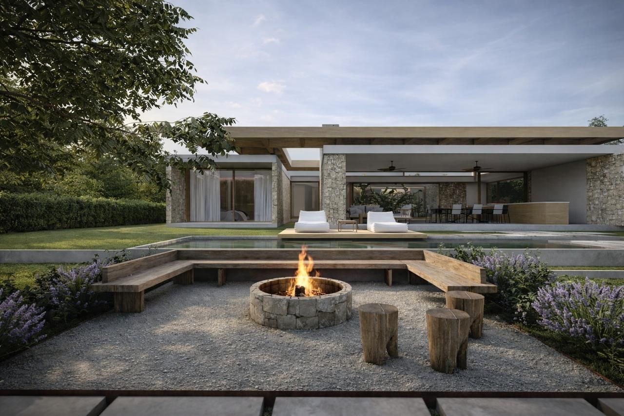 Render de proyecto de sector con fogonero de piedra junto a la casa
